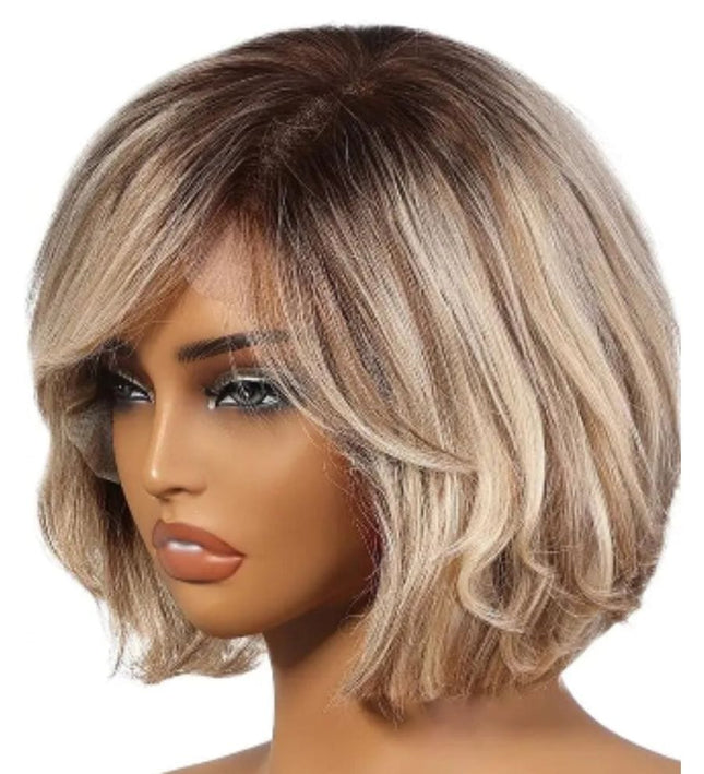 Perruque carrée blonde ombrée avec frange en cheveux naturels pour un look chic et moderne