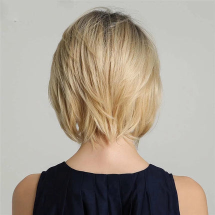 Perruque blonde courte stylée carrée en fibre mixte pour un look moderne et naturel