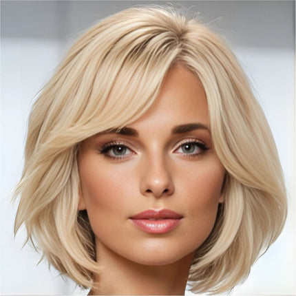 Perruque ondulée blonde en cheveux naturels style carré pour un look élégant et moderne.