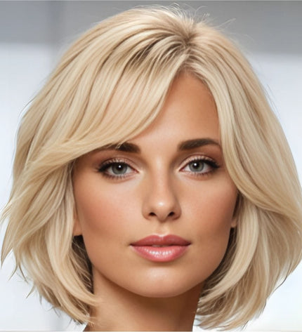 Perruque ondulée blonde en cheveux naturels style carré pour un look élégant et moderne.