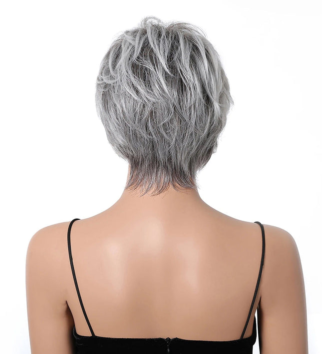 Perruque courte femme cheveux gris raides pour un style chic et moderne