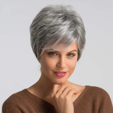 Perruque courte élégante grise en fibres mixtes pour un look moderne et sophistiqué