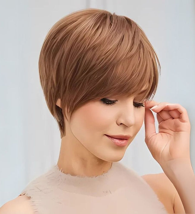 Perruque courte en cheveux naturels style pixie avec frange pour un look moderne et chic