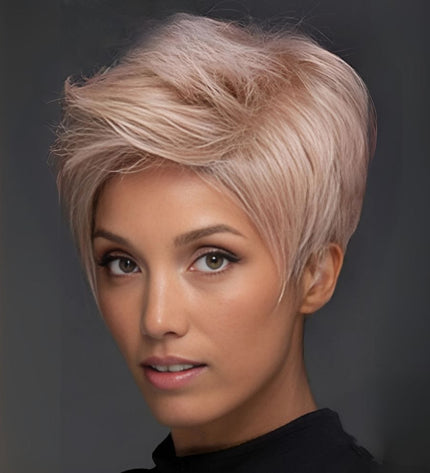 Perruque courte rose en fibres mixtes avec style moderne et élégant pour un look unique