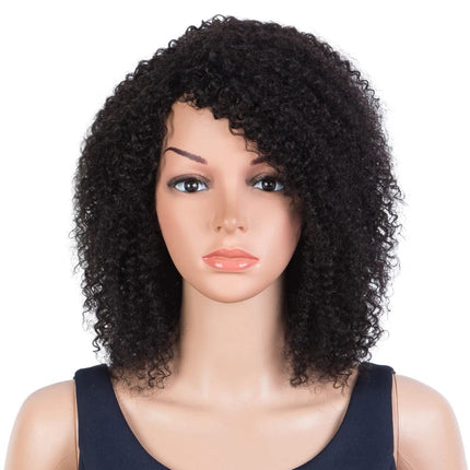 Perruque afro bouclée mi-longue en cheveux naturels pour un style élégant et authentique.