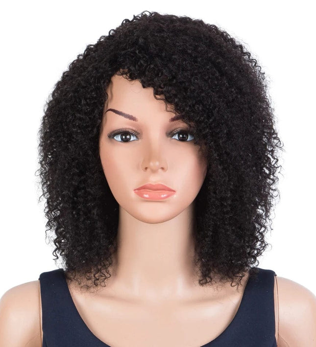 Perruque afro bouclée mi-longue en cheveux naturels pour un style élégant et authentique.