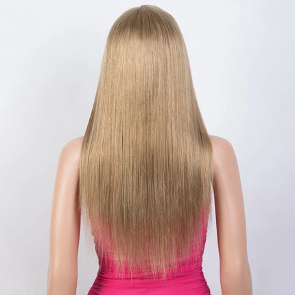 Perruque longue et lisse pour femme, cheveux naturels blonds avec frange.