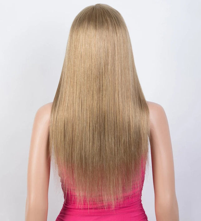 Perruque longue et lisse pour femme, cheveux naturels blonds avec frange.