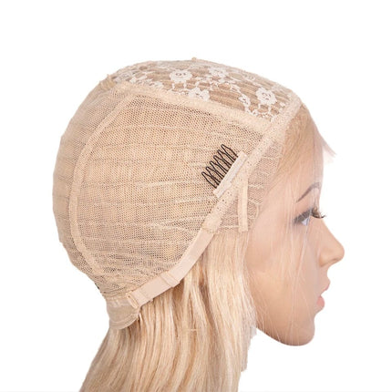 Perruque blonde lisse en cheveux naturels avec bonnet en dentelle pour femme