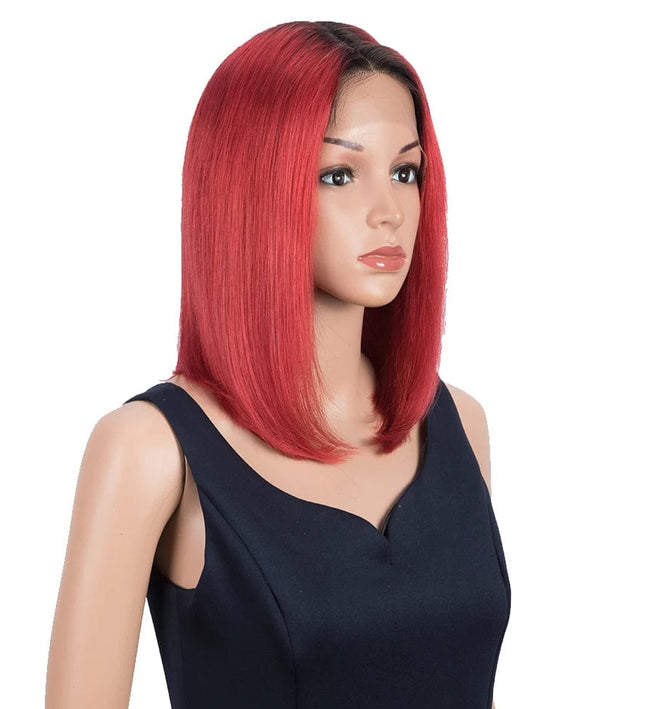 Perruque carré lisse rouge en cheveux naturels pour un style moderne et audacieux.