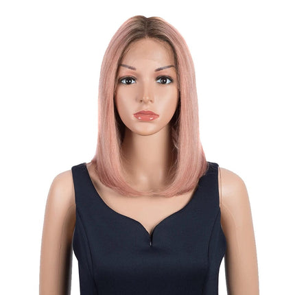 Perruque carré court en cheveux naturels couleur rose pour femme élégante