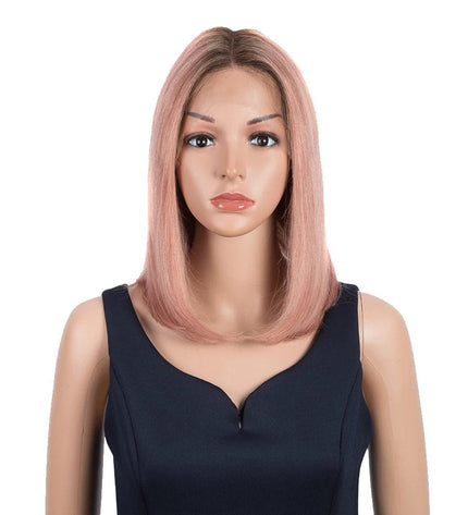Perruque carré court en cheveux naturels couleur rose pour femme élégante