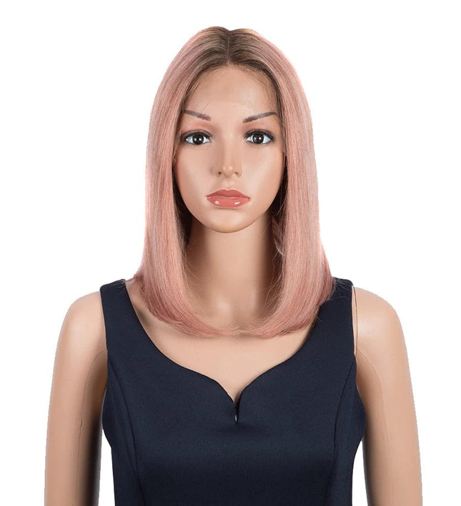 Perruque carré court en cheveux naturels couleur rose pour femme élégante