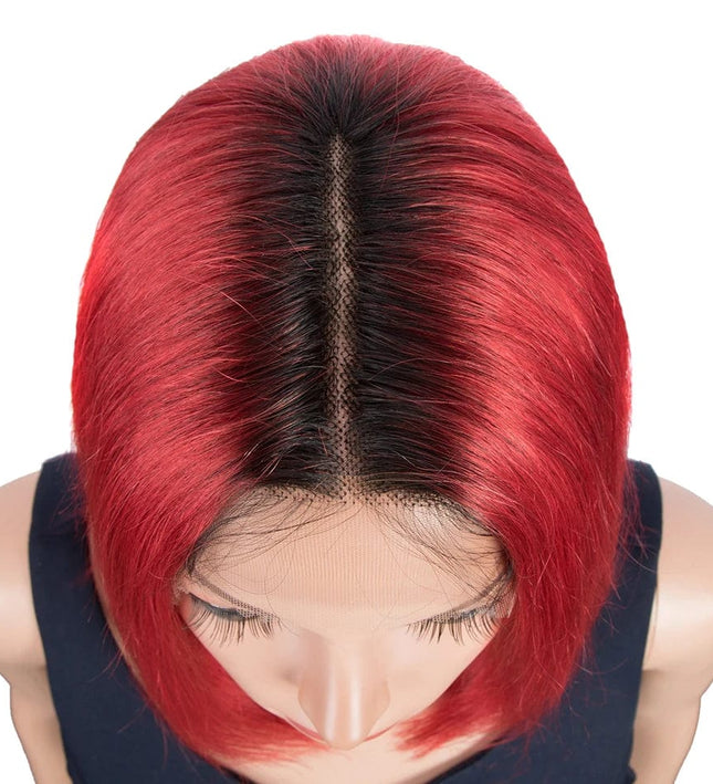 Perruque carrée bicolore rouge et noir en cheveux naturels pour un style audacieux