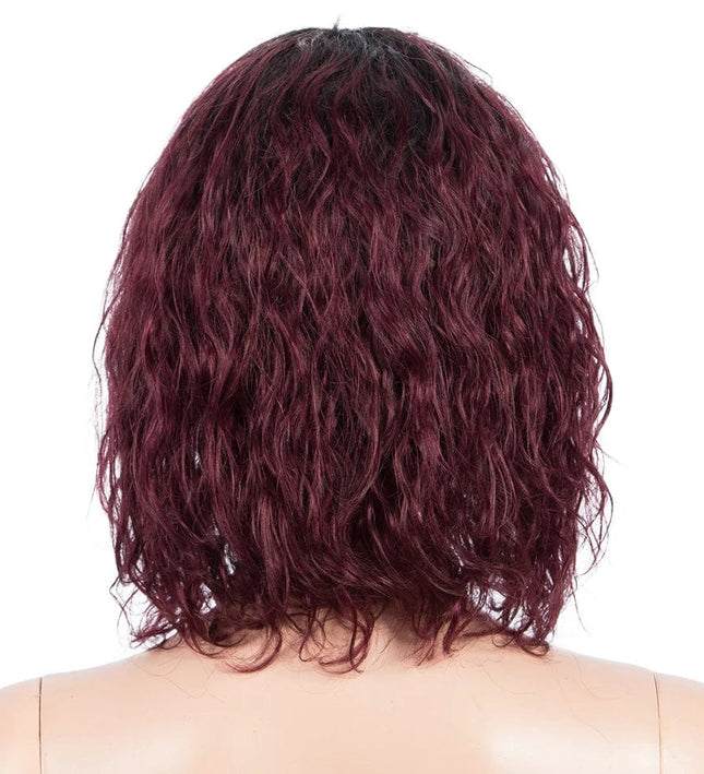 Perruque carrée ondulée en cheveux naturels, couleur bordeaux, pour femmes élégantes.