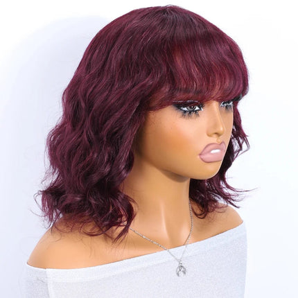 Perruque femme carré court ondulé bordeaux en cheveux naturels pour un look élégant