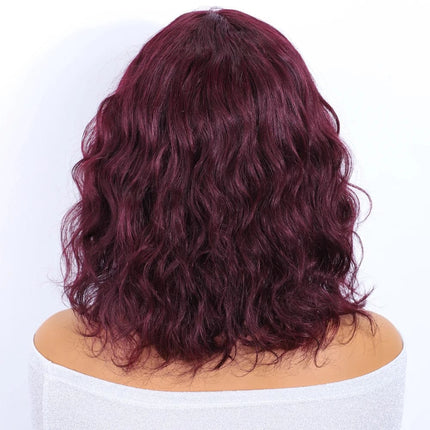 Perruque courte ondulée en cheveux naturels couleur bordeaux pour femmes élégantes