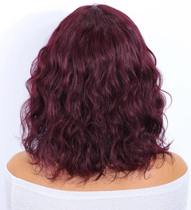 Perruque courte ondulée en cheveux naturels couleur bordeaux pour femmes élégantes