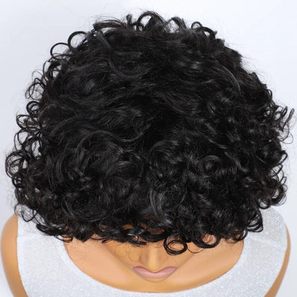 Perruque femme courte noir bouclée en cheveux naturels pour un look chic et volumineux.