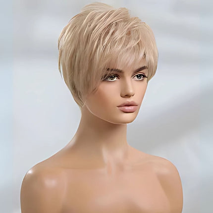 Perruque courte élégante blonde style pixie coupe féminine cheveux synthétiques réalistes