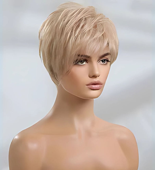 Perruque courte élégante blonde style pixie coupe féminine cheveux synthétiques réalistes