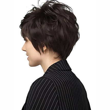 Perruque courte brune en cheveux mixte pour un style moderne et élégant féminin.