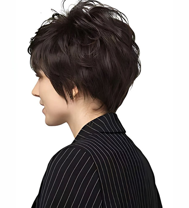 Perruque courte brune en cheveux mixte pour un style moderne et élégant féminin.