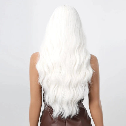 Perruque longue et ondulée en cheveux synthétiques blancs pour un look de cosplay unique