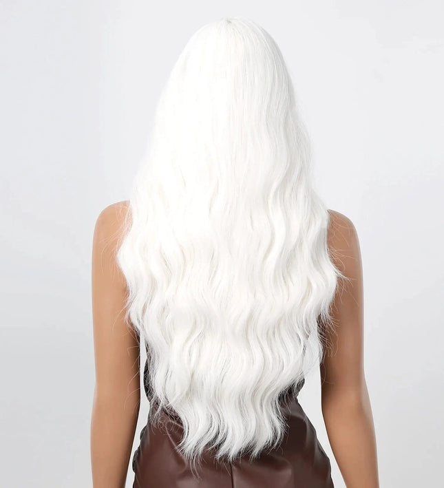 Perruque longue et ondulée en cheveux synthétiques blancs pour un look de cosplay unique