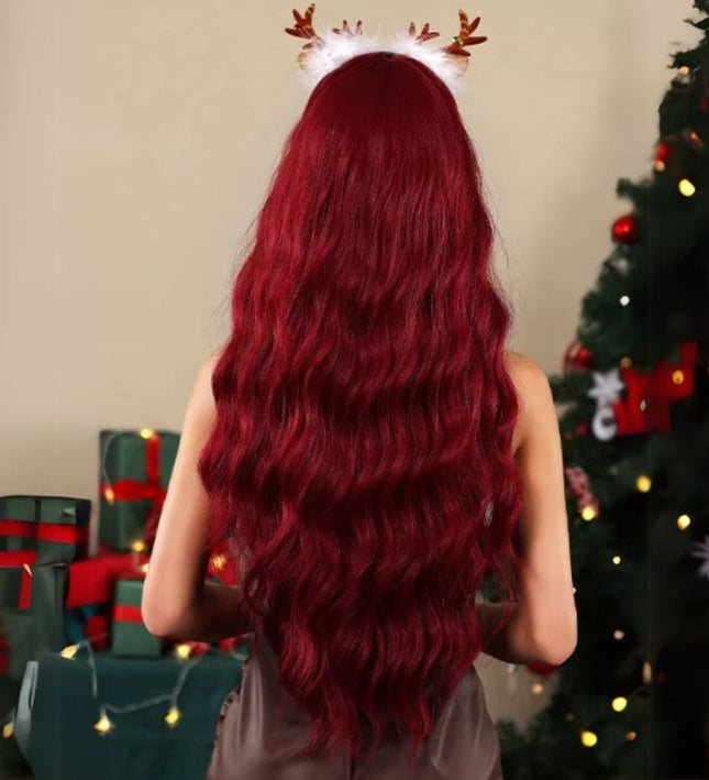 Perruque longue ondulée en cheveux synthétiques rouges pour cosplay festif