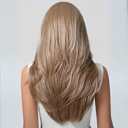 Perruque longue lisse en cheveux synthétiques couleur blonde pour femme élégante et moderne.