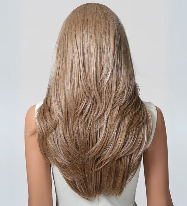 Perruque longue lisse en cheveux synthétiques couleur blonde pour femme élégante et moderne.