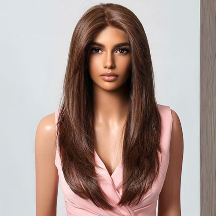 Perruque longue brune lisse en cheveux synthétiques pour un look élégant