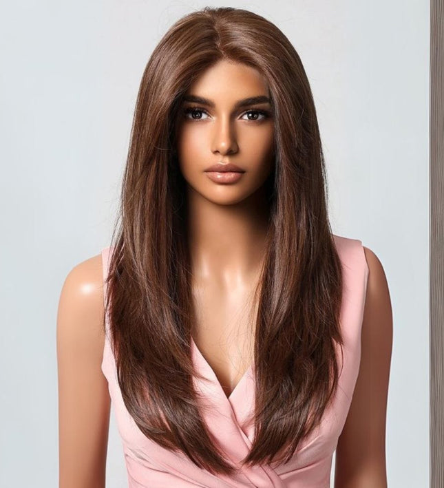 Perruque longue brune lisse en cheveux synthétiques pour un look élégant