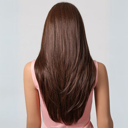 Perruque synthétique longue brune lisse pour femme avec effet naturel et élégant