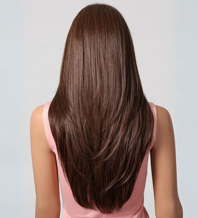 Perruque synthétique longue brune lisse pour femme avec effet naturel et élégant