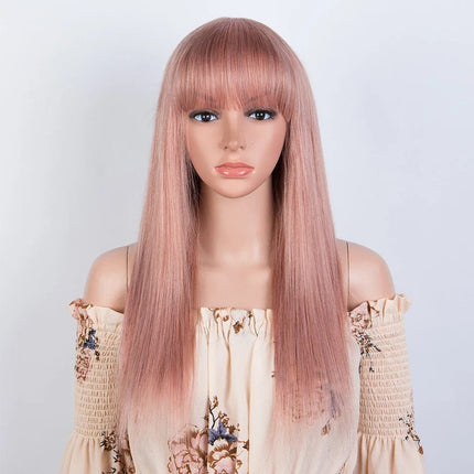 Perruque femme longue rose cheveux naturels raide