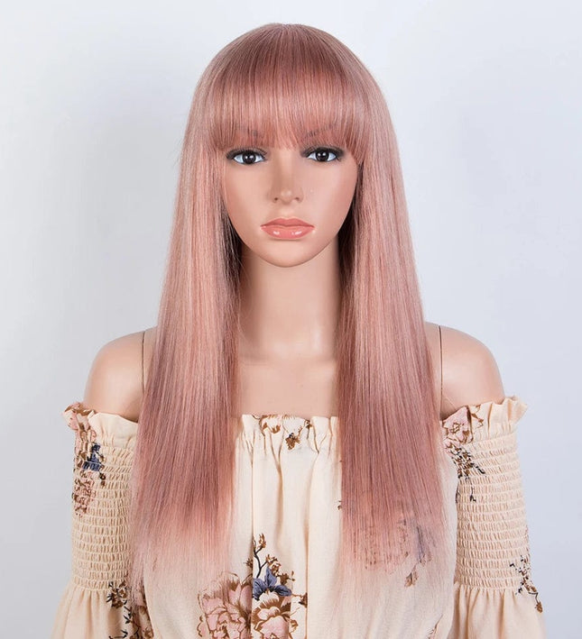 Perruque femme longue rose cheveux naturels raide