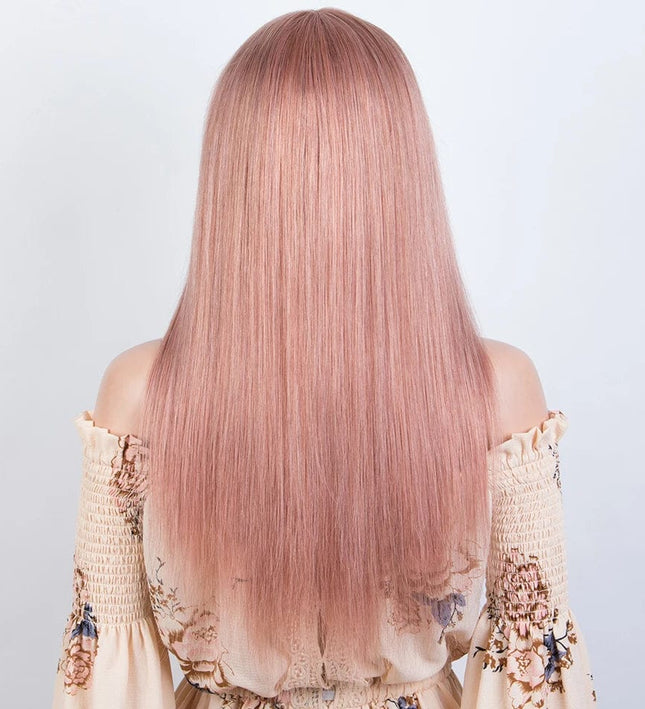 Perruque longue rose raide en cheveux naturels pour un look moderne et élégant