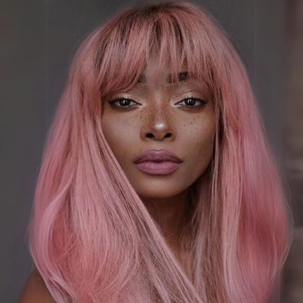 Perruque longue rose lisse en cheveux naturels pour un style élégant et tendance