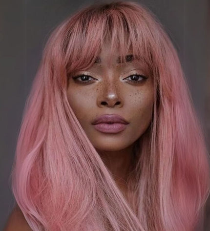 Perruque longue rose lisse en cheveux naturels pour un style élégant et tendance