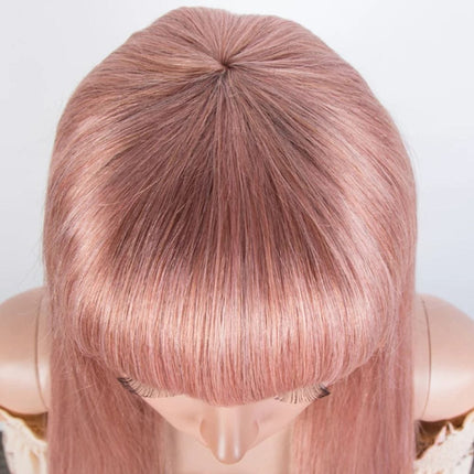 Perruque longue raide en cheveux naturels couleur rose avec frange pour un style tendance.