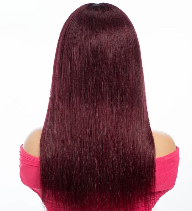 Perruque longue rouge raide en cheveux naturels pour un look élégant et authentique.