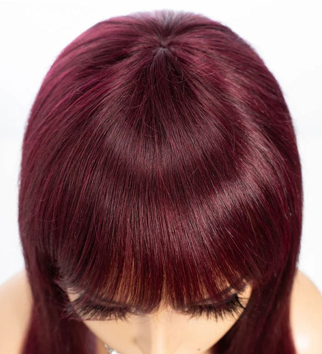 Perruque droite en cheveux naturels pour femme, couleur rouge intense et éclatante.