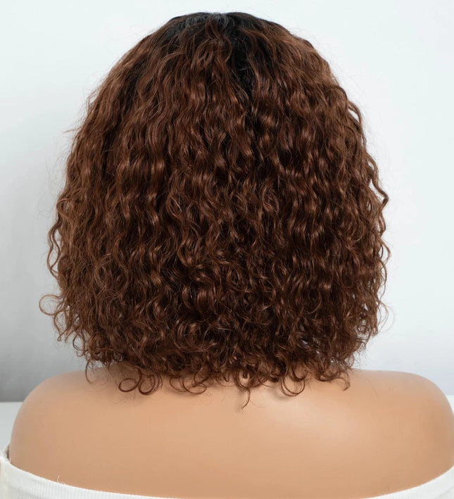 Perruque volumineuse frisée brune en cheveux naturels avec frange tendance