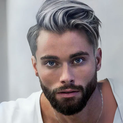 Perruque grise élégante pour homme avec cheveux naturels raides, look moderne et sophistiqué.