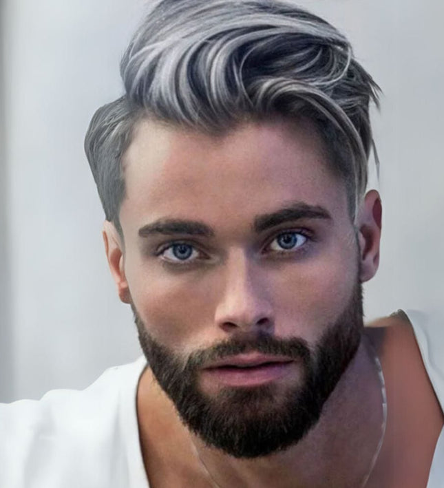 Perruque grise élégante pour homme avec cheveux naturels raides, look moderne et sophistiqué.