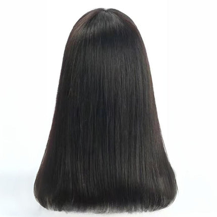 Perruque longue noire lisse avec frange en cheveux naturels pour un style sophistiqué