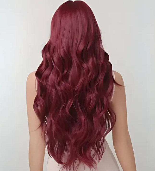 Perruque longue ondulée bordeaux en cheveux synthétiques pour un style glamour féminin