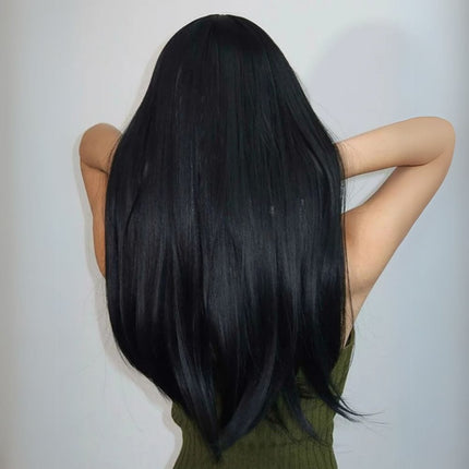 Perruque longue et lisse noire en cheveux synthétiques pour un style élégant